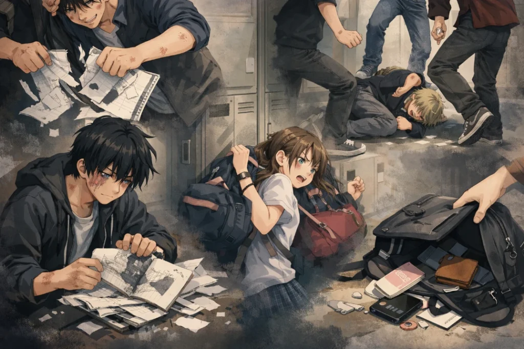 Stop physical bullying involves fighting, pushing, shoving, tripping, destroying, damaging, or stealing personal belongings.