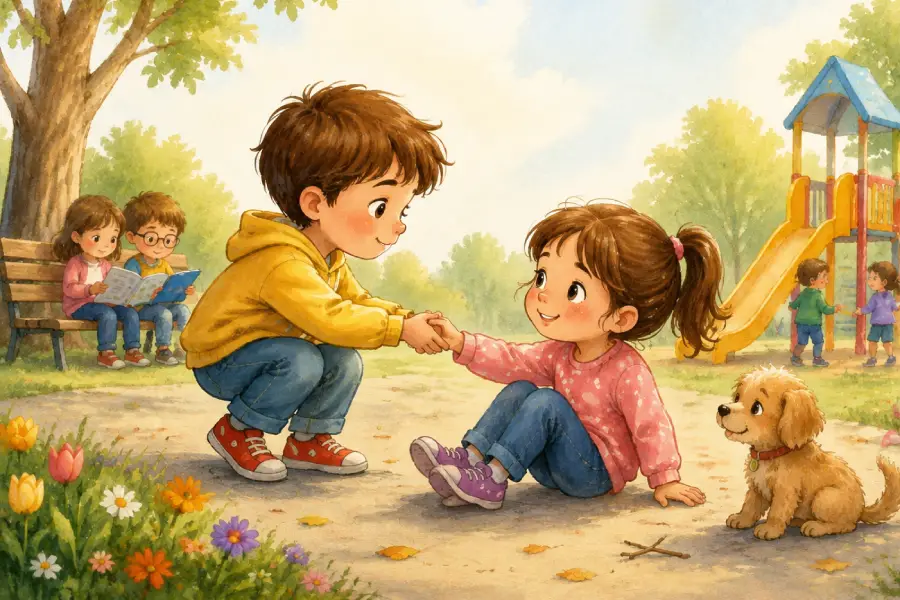 A boy is helping a fall down girl after learning kindness